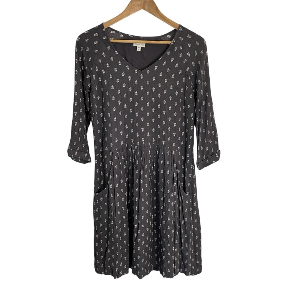 Garnet Hill Bohemian Grey & White Print Dress with 3/4 Length Sleeves Size 4
